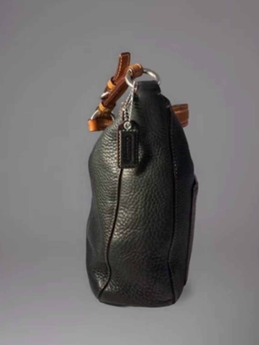 COACH Hobo Black Pebbled Leather Bag/Purse Brown shoulder Strap Zip Close - Picture 4 of 16